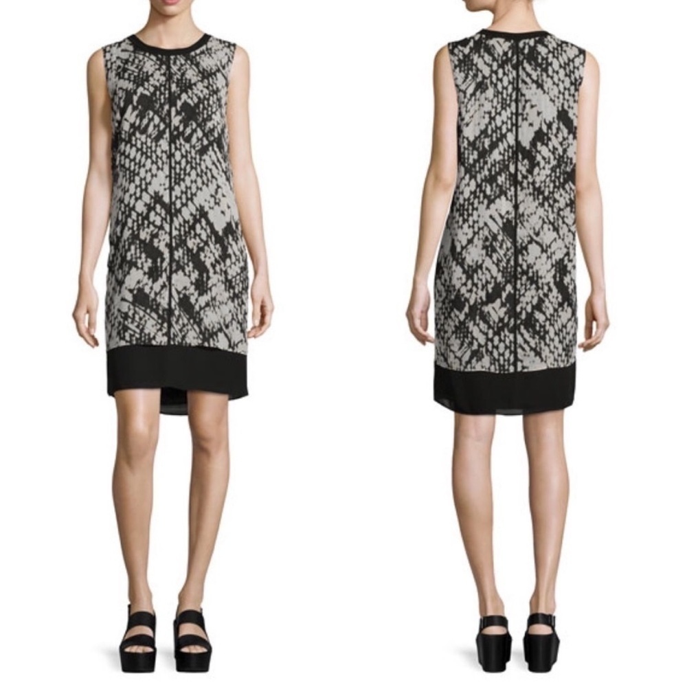 Vince 00 Black Sleeveless Basketweave-Print Popover Silk Dress Relaxed Fit